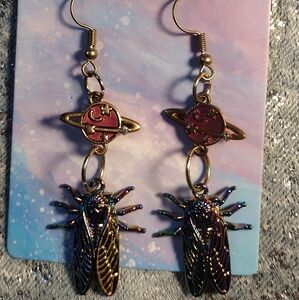 Cicada planet oil slick rainbow earrings dangles